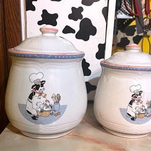VINTAGE CERAMIC COW CHEF HOLSTEIN FARM DECOR KITCHEN CANISTERS SET OF 2